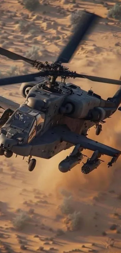 Military helicopter flying over a desert