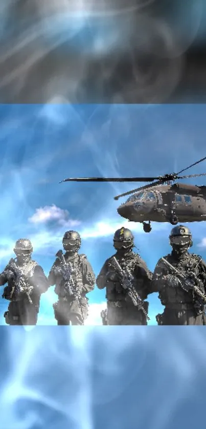 Four soldiers and a helicopter set against a vivid blue sky background.