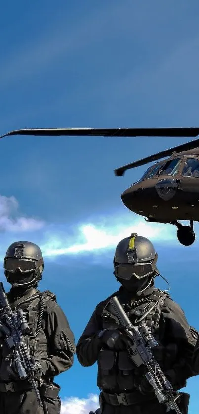 Military helicopter and soldiers with blue sky background.