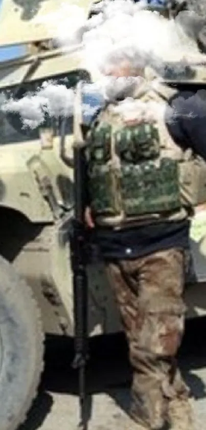 Military Humvee with a soldier on patrol in a rugged terrain.