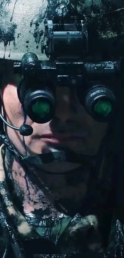 Soldier in night vision gear with camouflage and helmet.