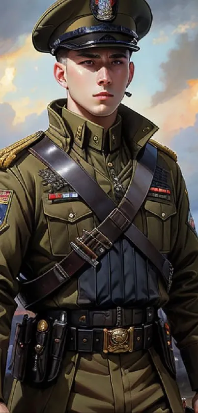 Military officer in detailed uniform with a dramatic sky backdrop.