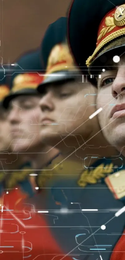 Military-themed wallpaper with soldiers and digital elements in ceremonial uniforms.