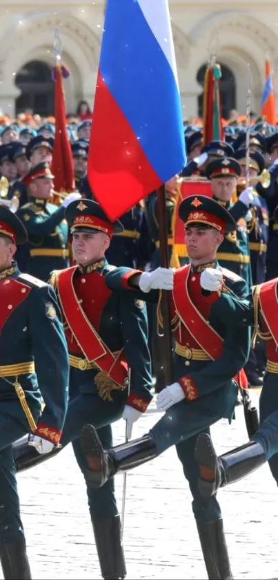 Soldiers in vibrant uniforms marching with flags in a parade.