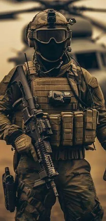 Military soldier in tactical gear with helicopter backdrop.