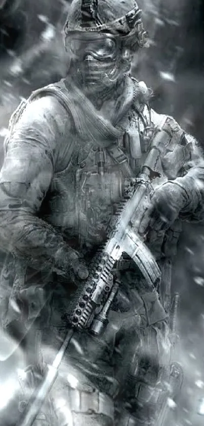 Soldier in tactical gear amidst an intense battle scenery.