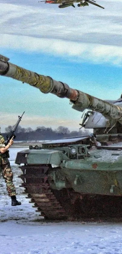 Military tank in snow with soldier and jet in sky.