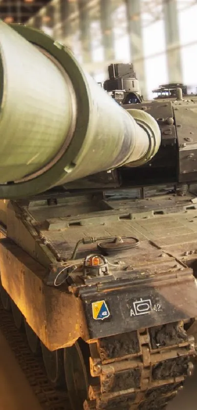 Close-up of a military tank showcasing detailed armored features.