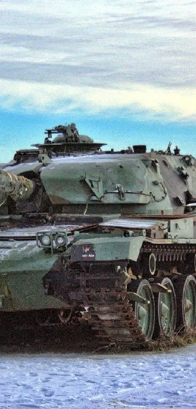 Military tank in snowy landscape with green sky.