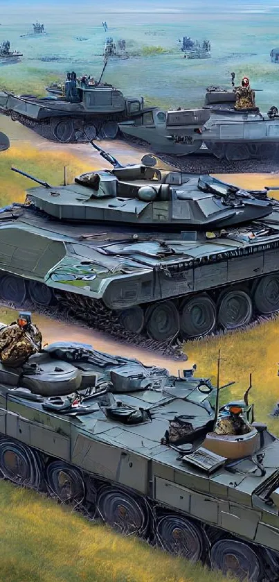 Realistic depiction of military tanks on a battlefield with soldiers and a vibrant sky.