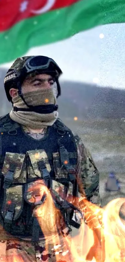Military tribute wallpaper with a soldier, flames, and national flag.