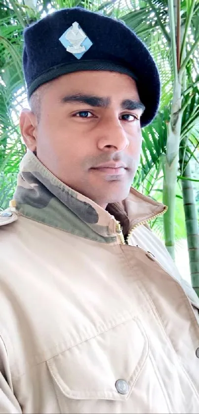 Man in military uniform with green palm background.