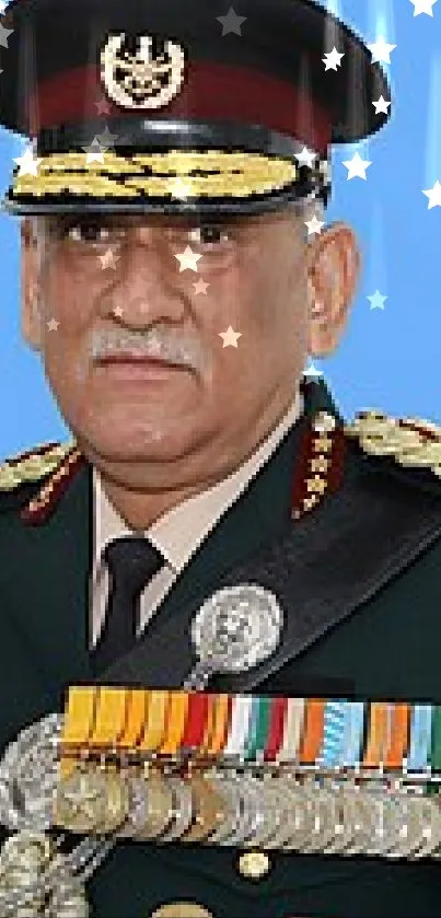 Portrait of a decorated military officer with medals against a light blue background.