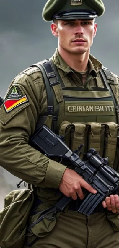 Soldier in green military uniform with weapon, against a cloudy mountain backdrop.