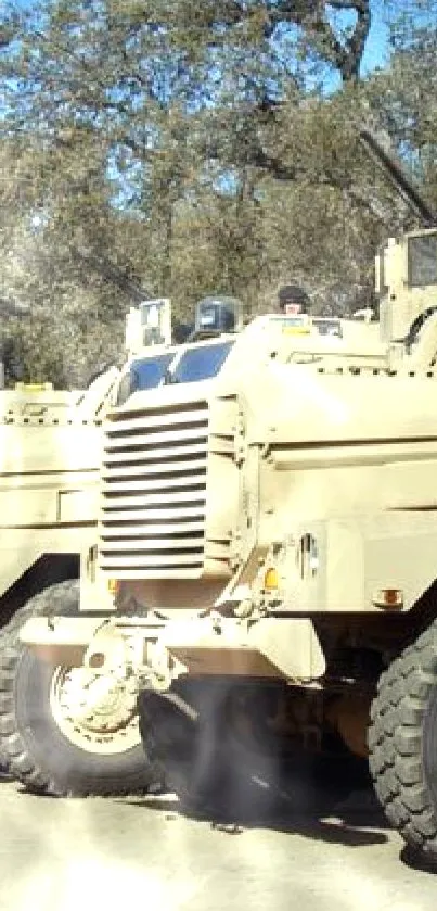 Armored military trucks parked in a desert landscape, showcasing rugged durability.