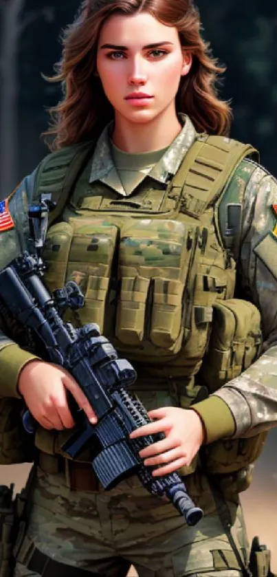 Female soldier in tactical gear standing against a forest background.