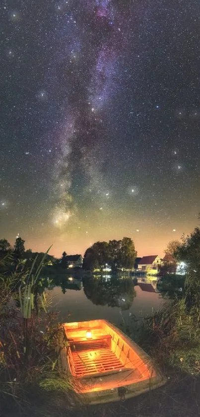 A glowing boat under the Milky Way stars reflected in calm water.