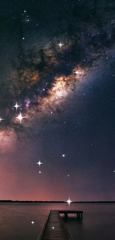 Milky Way galaxy over lake at night.