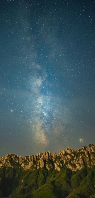 Starry night over mountains with Milky Way in clear view.