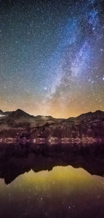 Milky Way and mountains reflected in water under a starry sky.