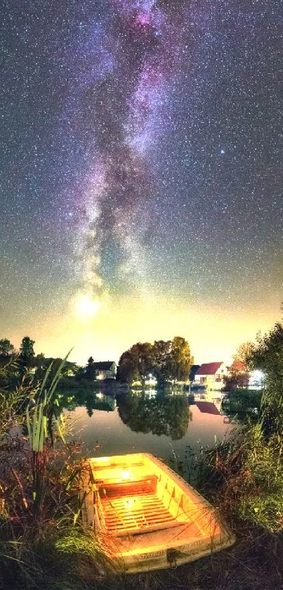Serene starlit lake with Milky Way and boat reflecting in calm waters at night.