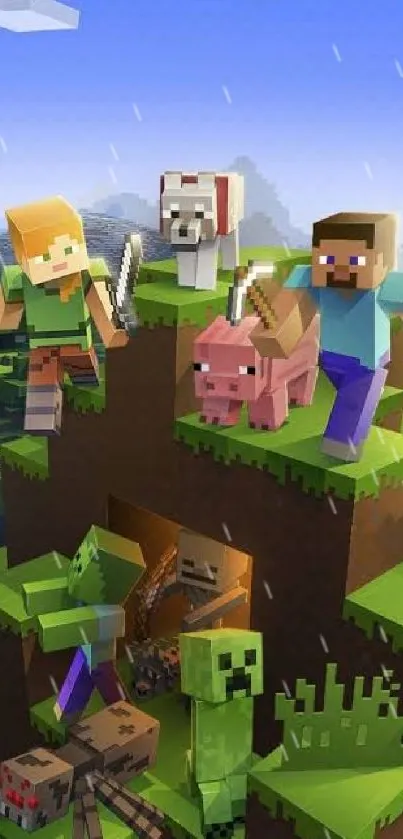 Minecraft mobile wallpaper with characters and creatures on a mountain adventure.