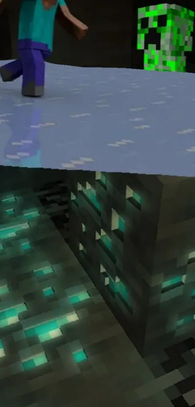 Minecraft game scene with character and teal glowing blocks.