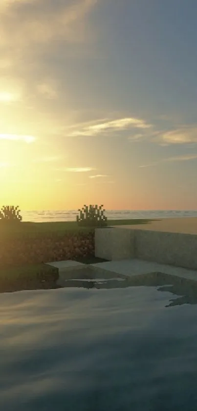 Minecraft beach sunset with tree and calm ocean view.