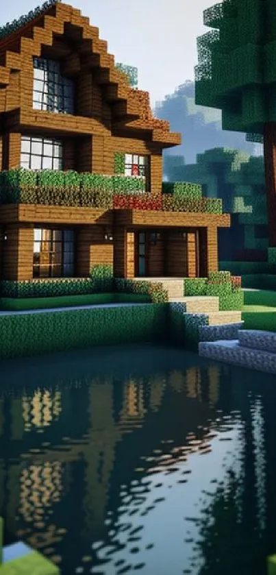 Minecraft cabin by a serene lake with lush green surroundings.