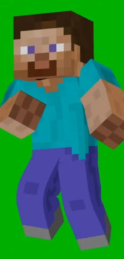 Pixelated Minecraft character on green background wallpaper.