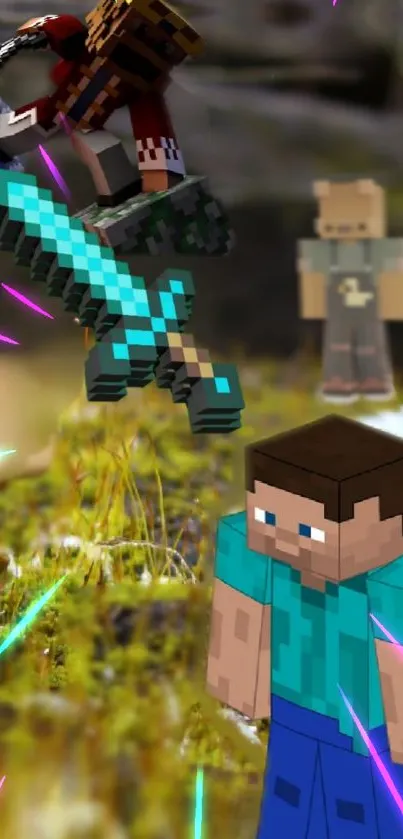 Minecraft characters explore a mossy, natural environment.