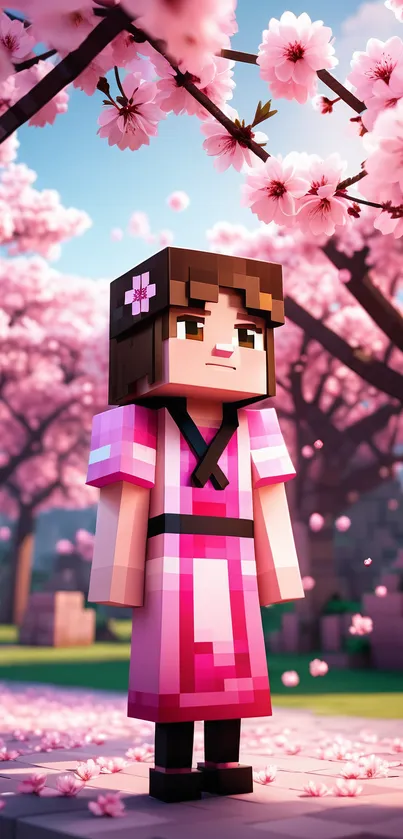 Minecraft character amidst cherry blossoms with a pink background.