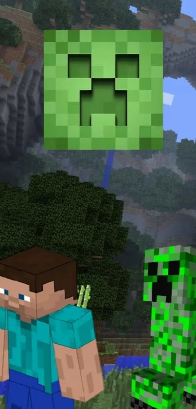 Minecraft wallpaper featuring Steve and Creeper.