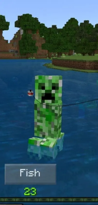 Minecraft Creeper fishing in lake wallpaper.