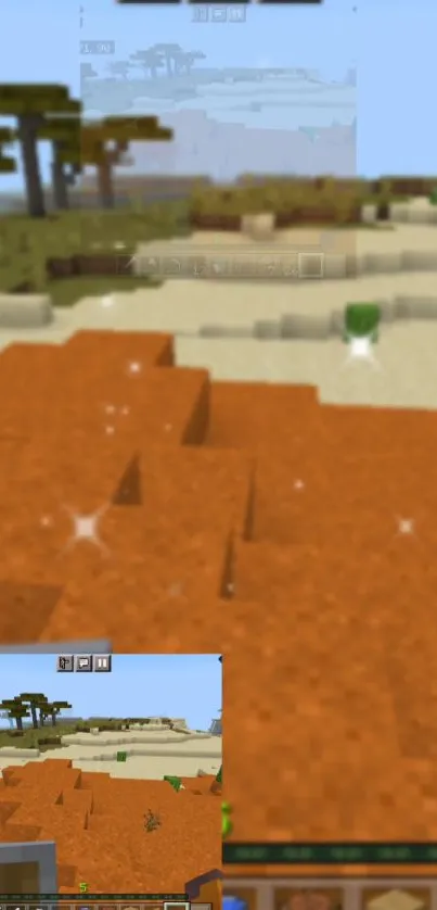 Minecraft desert landscape with pixelated style and orange hues in mobile wallpaper.