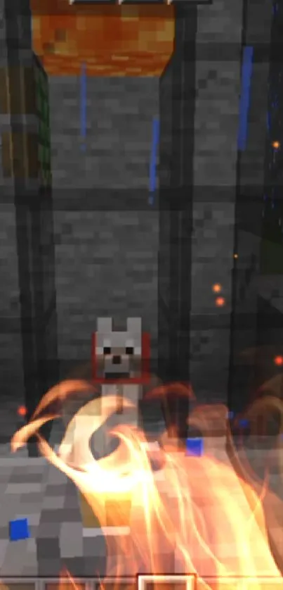 Minecraft dog amidst fiery scene with granite structures.