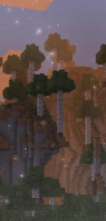 Minecraft forest landscape at sunset in a mobile wallpaper.