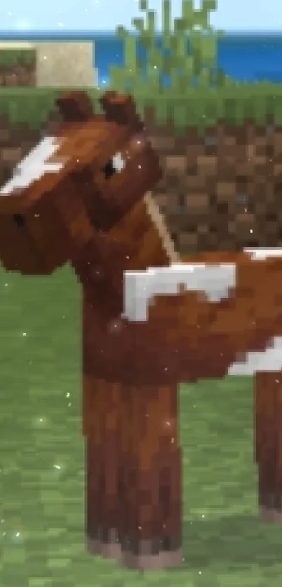 Minecraft mobile wallpaper with horses and blue sky.