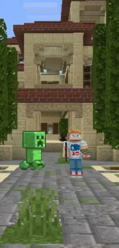 Minecraft characters in front of a detailed digital house on mobile wallpaper.