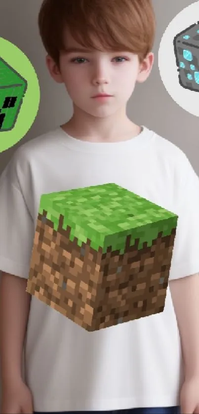 Young boy wearing a white t-shirt with Minecraft art.