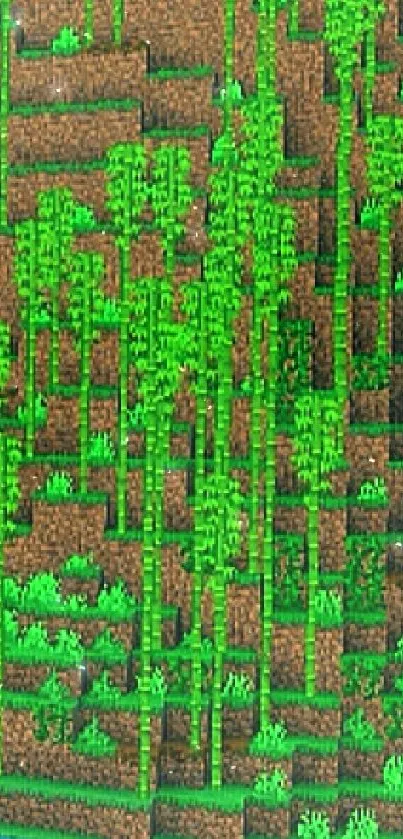 Pixelated Minecraft jungle with green bamboo and brown terrain.