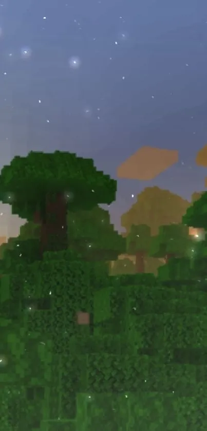 Minecraft jungle landscape with sunset sky.