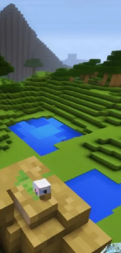 Minecraft-style green landscape with blue ponds and block terrain.