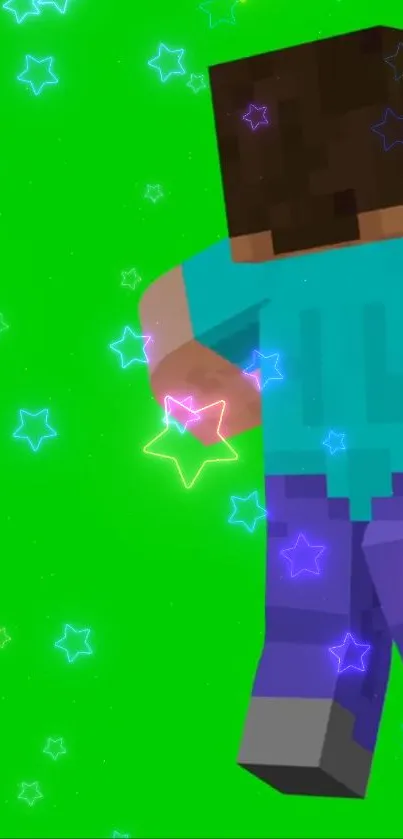 Minecraft-themed wallpaper with neon green and colorful stars.