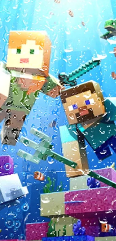 Minecraft underwater adventure scene with characters and marine life.