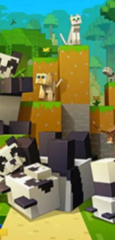 Minecraft wallpaper with pandas and jungle in vibrant colors.