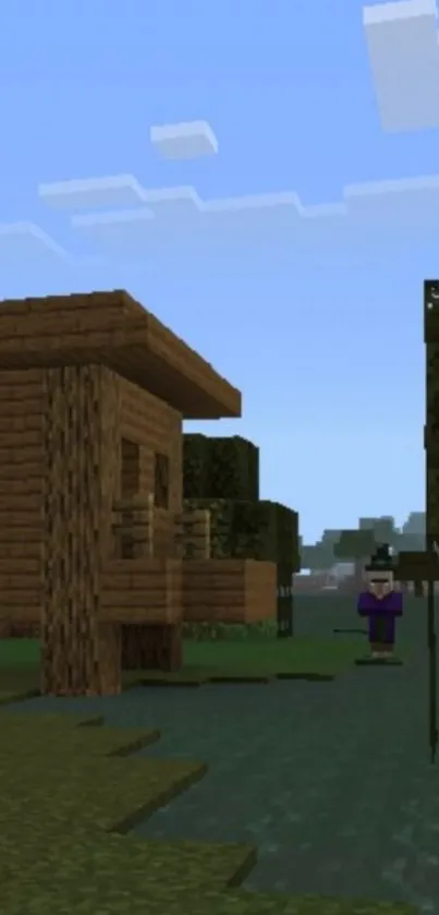 Minecraft wallpaper with house and blue sky.