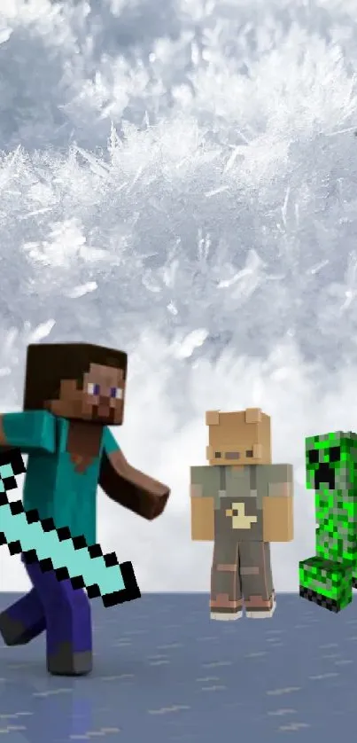 Dynamic Minecraft snow scene with characters.