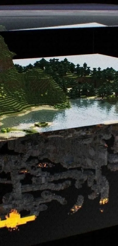 3D Minecraft world slice displaying intricate underground and surface layers.