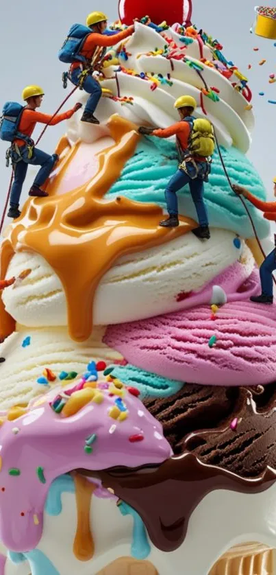 Mini climbers scaling a colorful ice cream tower.